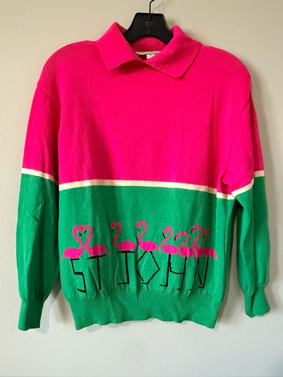 St. John Sweaters - St John Miami Pink Flamingo Collared Sweater Vintage Top Long Sleeve Small